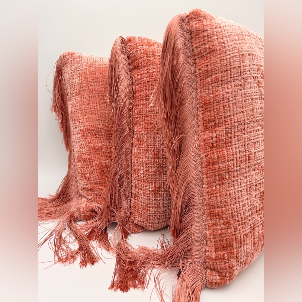 Set of 3 Textured Coral & Cream Fringed Throw Pillow